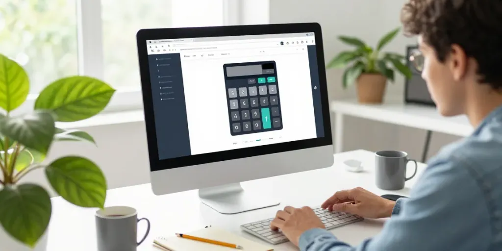 Calculator Online being used on a stylish desktop workspace with vibrant plant and notepad.