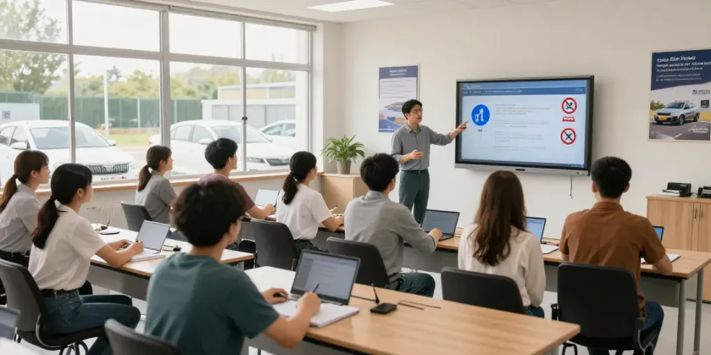 Students learning in an auto school classroom focusing on driving theory and practice, featuring the keyword автошкола.