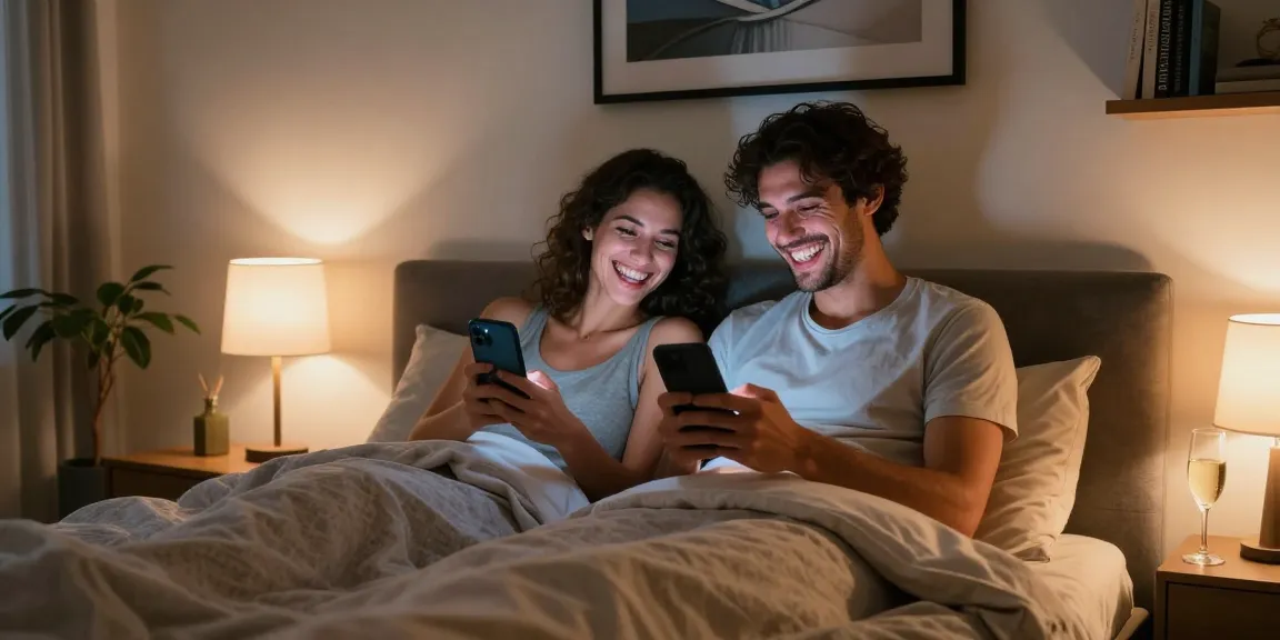 Couple enjoying intimate communication through sexting ai in a cozy bedroom.