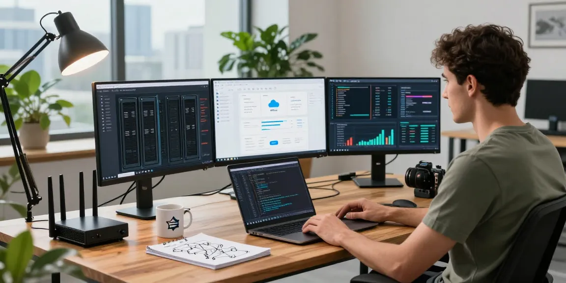 VPS hosting setup featuring IT specialist managing cloud servers with multiple monitors.