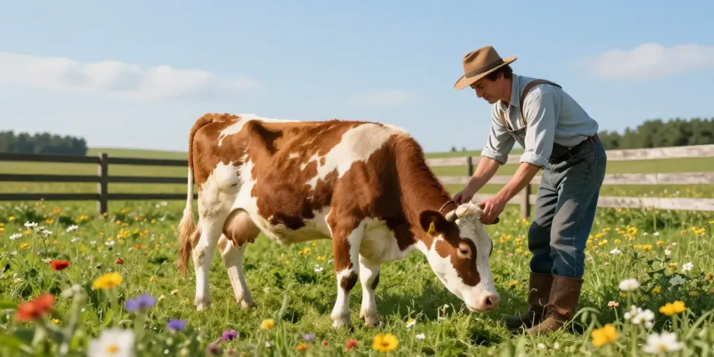 Mini cow grazing in a picturesque pasture on a sunny day.
