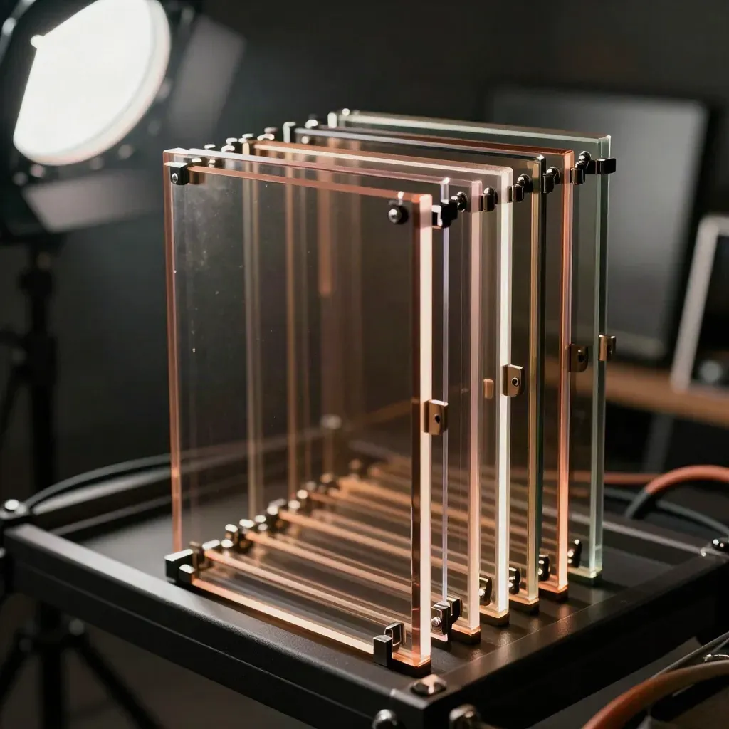 Stacked acrylic frames and LED tubes glowing in a charcoal studio setup.