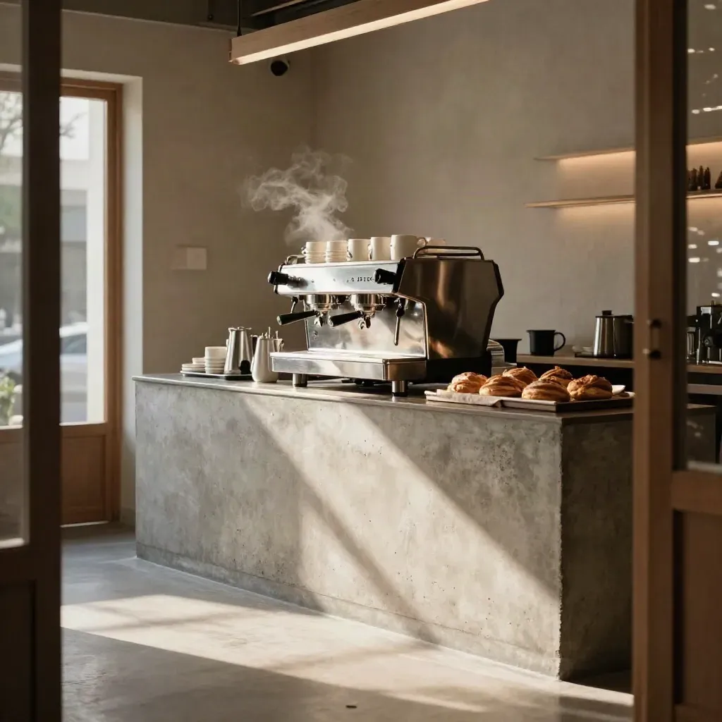 Empty coffee launch counter with espresso machine, cups, pastry trays, and rising steam