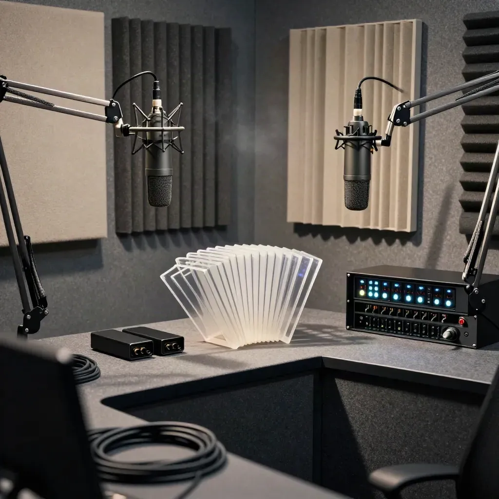 Podcast studio bay with twin microphones, acoustic panels, acetate clip frames, and export drives.