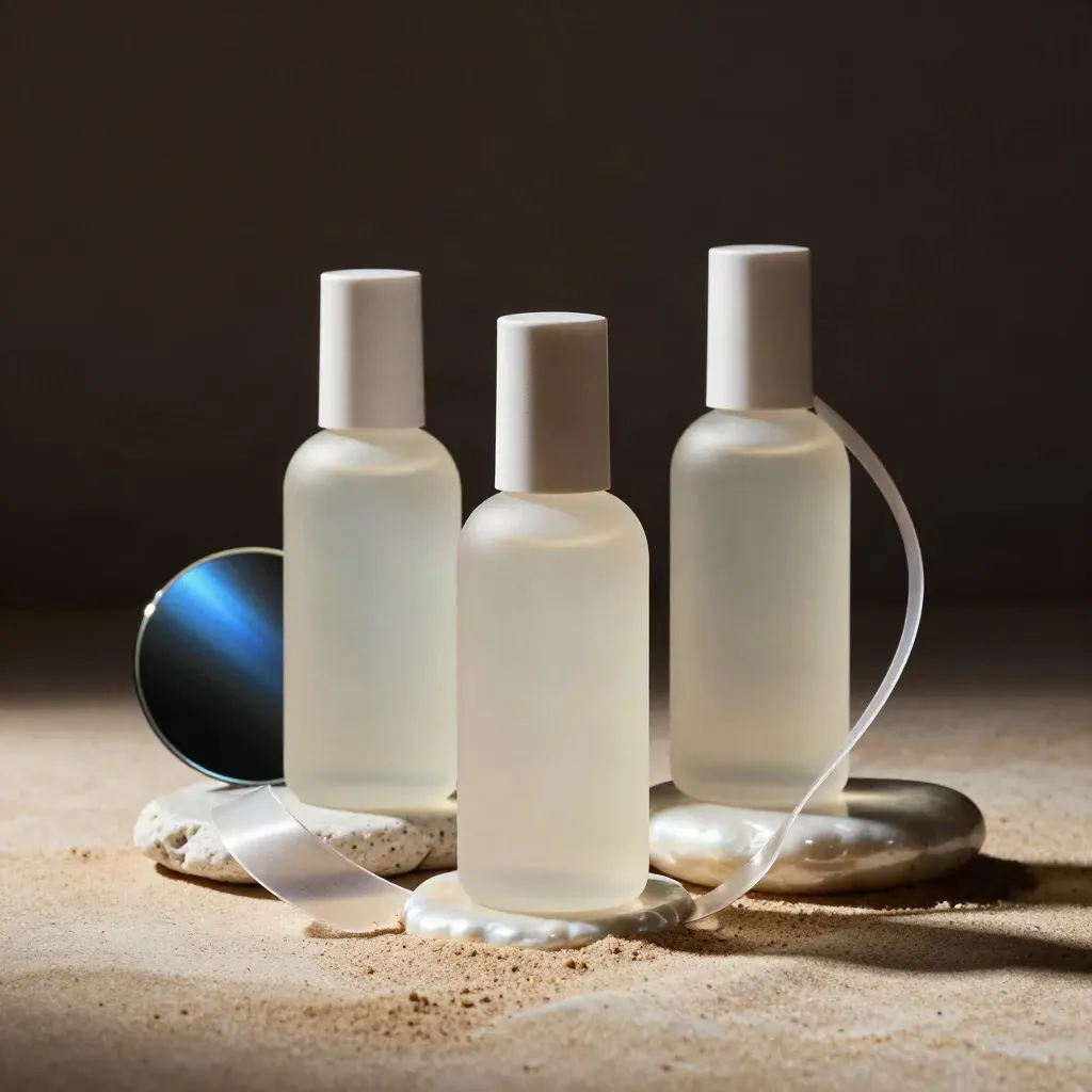 Three skincare bottles on stone risers with a gel ribbon and blue-tinted light
