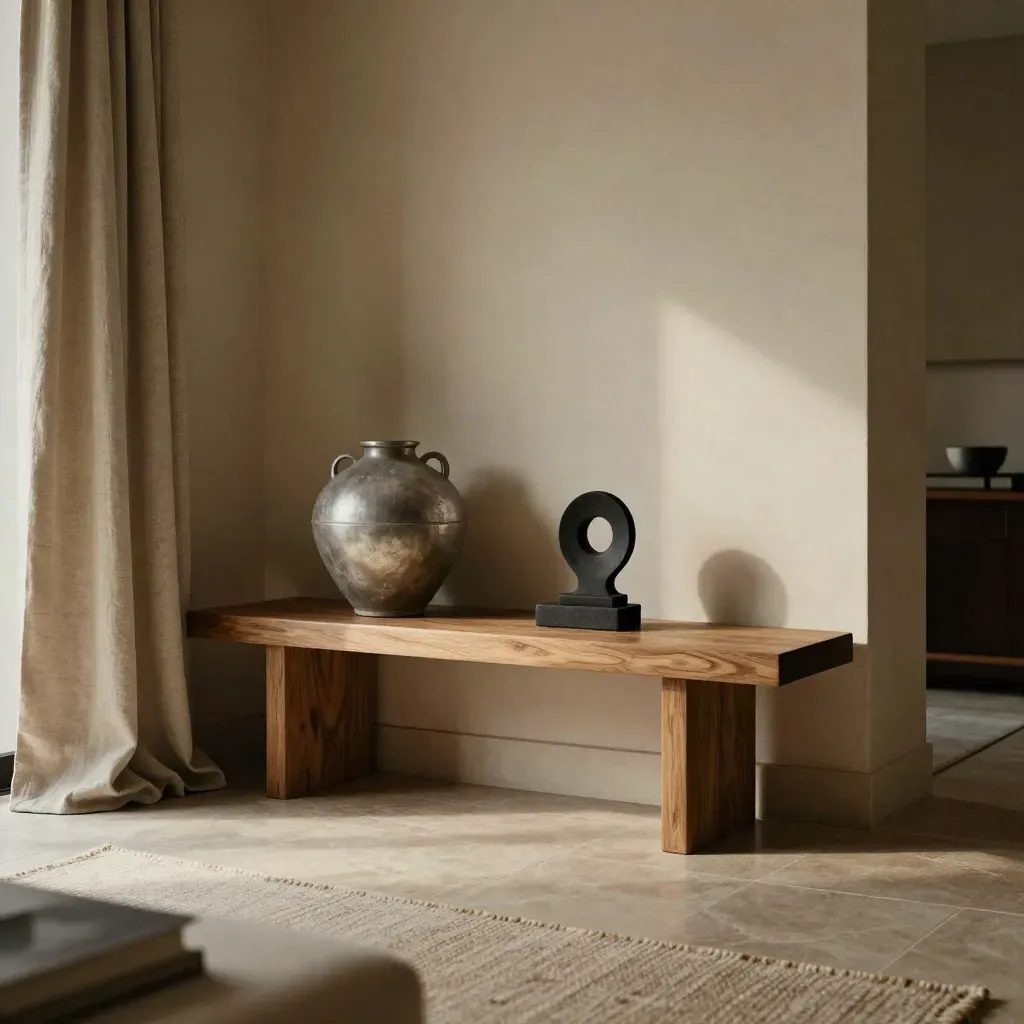 Polished Acre House corner with oak bench, vase, linen drape, and sculptural objects in warm daylight.