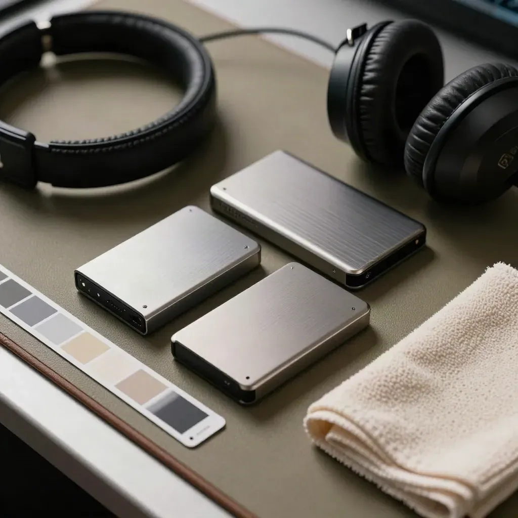 Top-down close-up of SSDs, headphone band, calibration strip and cloth on a post-production bench.