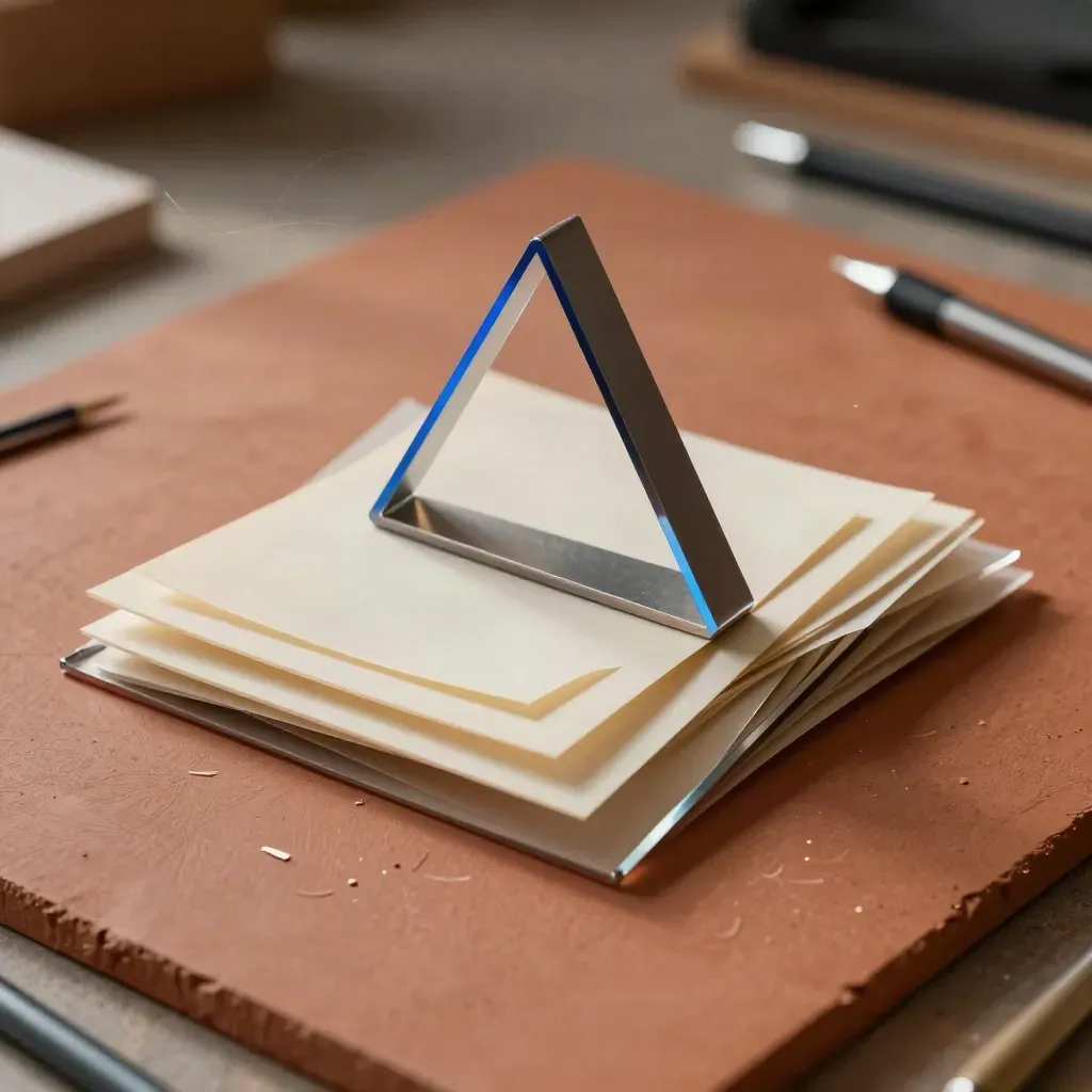 Motion-design tools, vellum, and acrylic shapes on a terracotta surface with blue accents.
