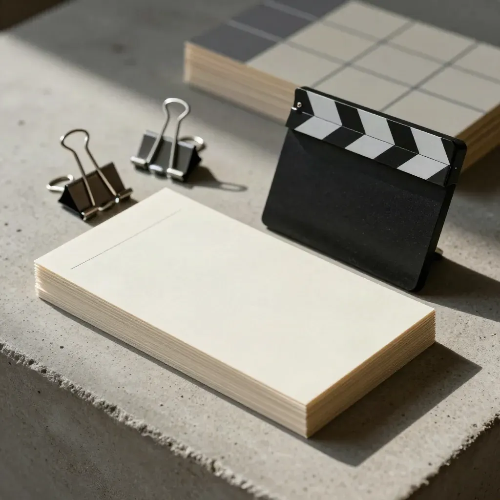Planning props on concrete: blank cards, clips, tabs and a small slate.