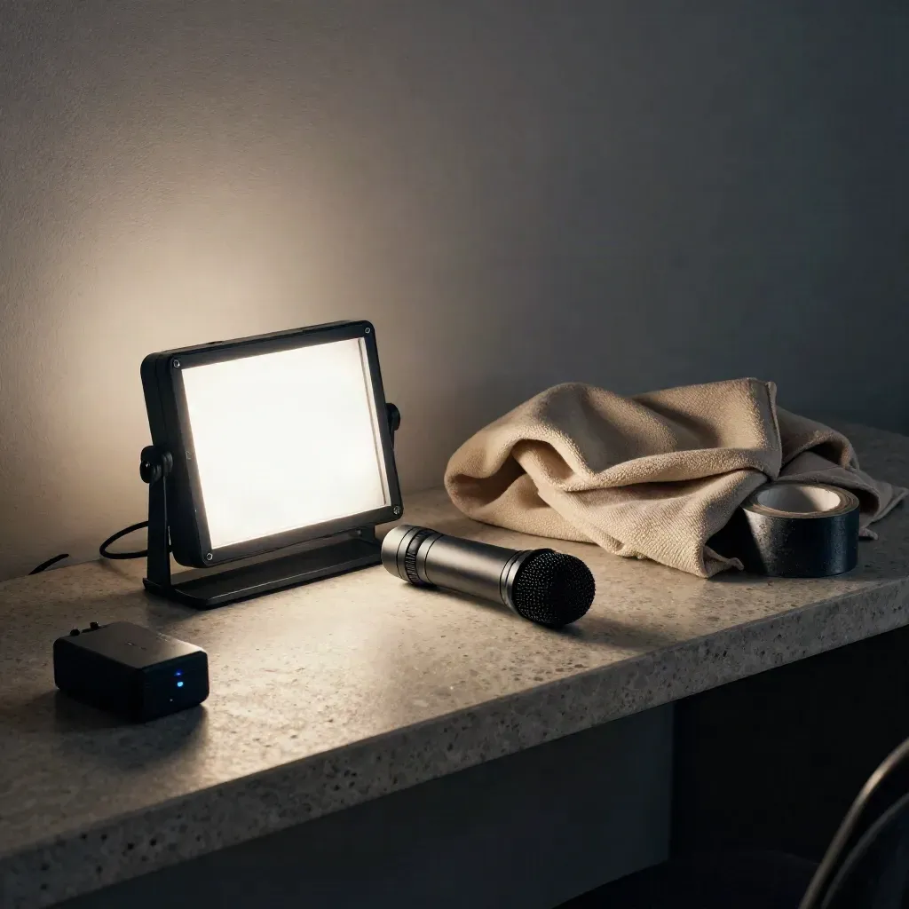 LED panel, microphone, cloth, tape, and battery pack on a stone shelf