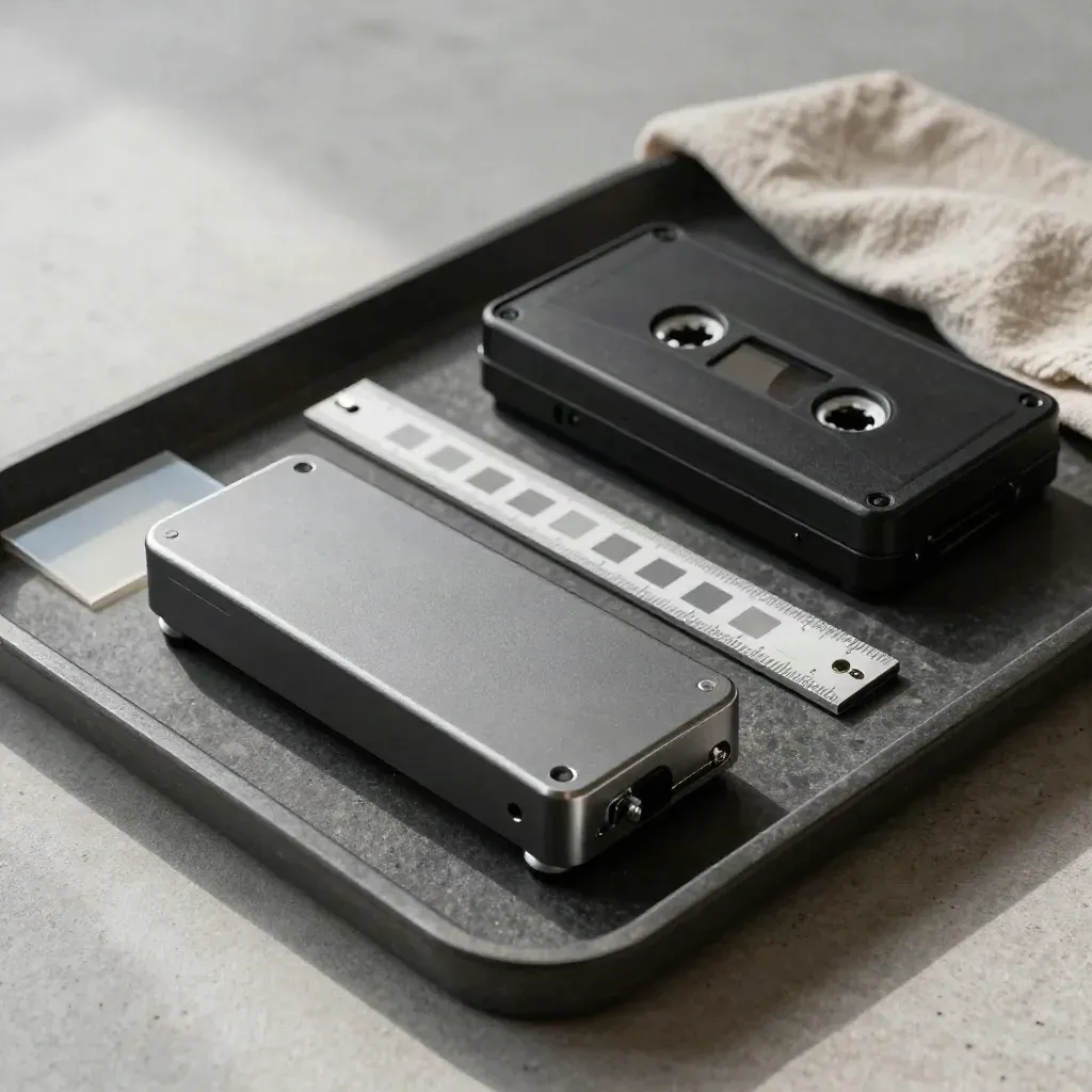 Overhead tray with export drives, cassette case, calibration strip, and folded linen on concrete.