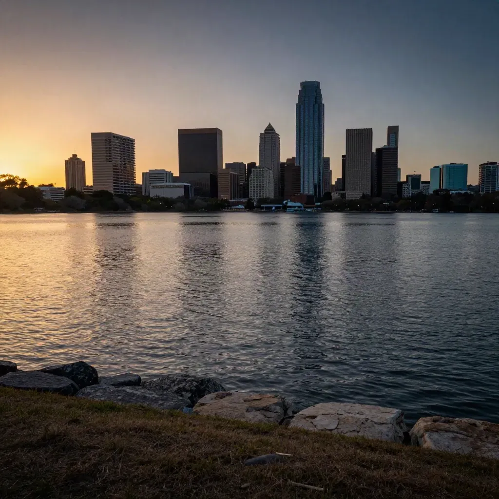Austin skyline above Lady Bird Lake at sunset, with grassy bluff and hazy warm light.