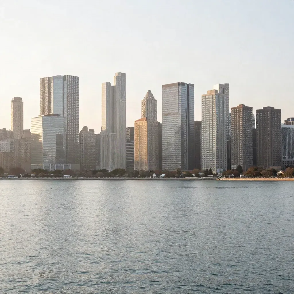 Chicago skyline above a calm lakefront with haze and sunlit glass towers