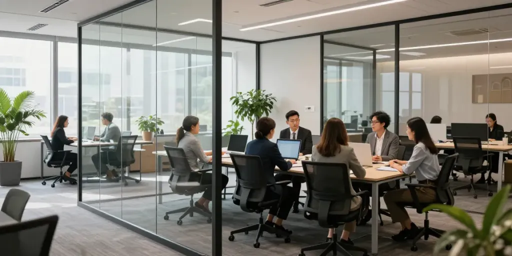 Modern office workspace with glass partitions enhancing collaboration and light.
