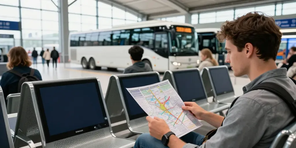 Transport persoane Moldova Europa - călător pregătit pentru o călătorie în Europa la o stație de autobuz modernă.