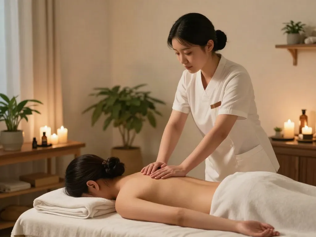 Relaxing 사당출장마사지 scene with a therapist and client in a cozy room.