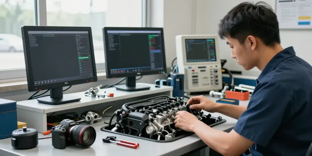Professioneller BMW Werkstatt Techniker bei der Inspektion eines Motors in der BMW Werkstatt Hannover.