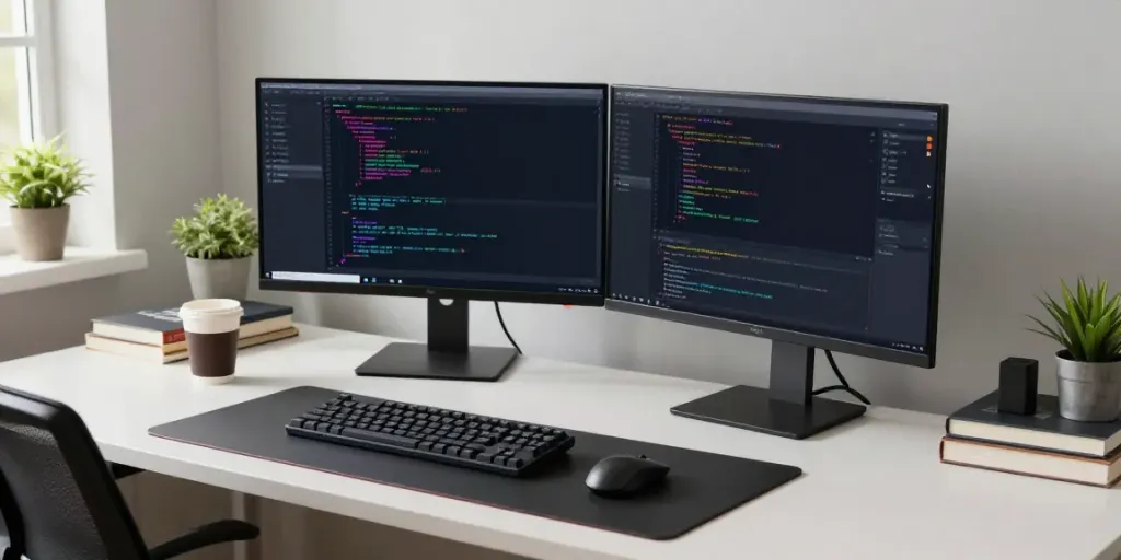 Developer coding on Notepad++ with dual monitors and coffee in a modern workspace.